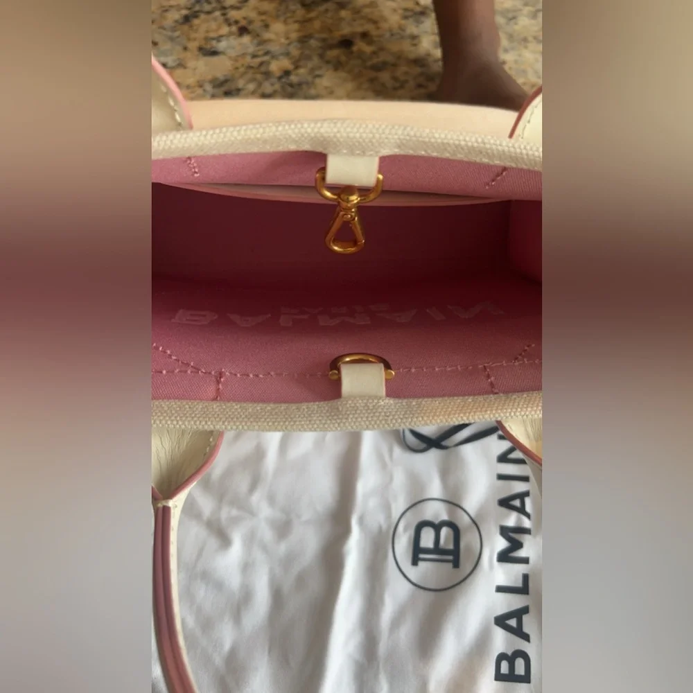 Authentic Balmain Paris Small B-Army Tote White Canvas Pink leather trim logo.